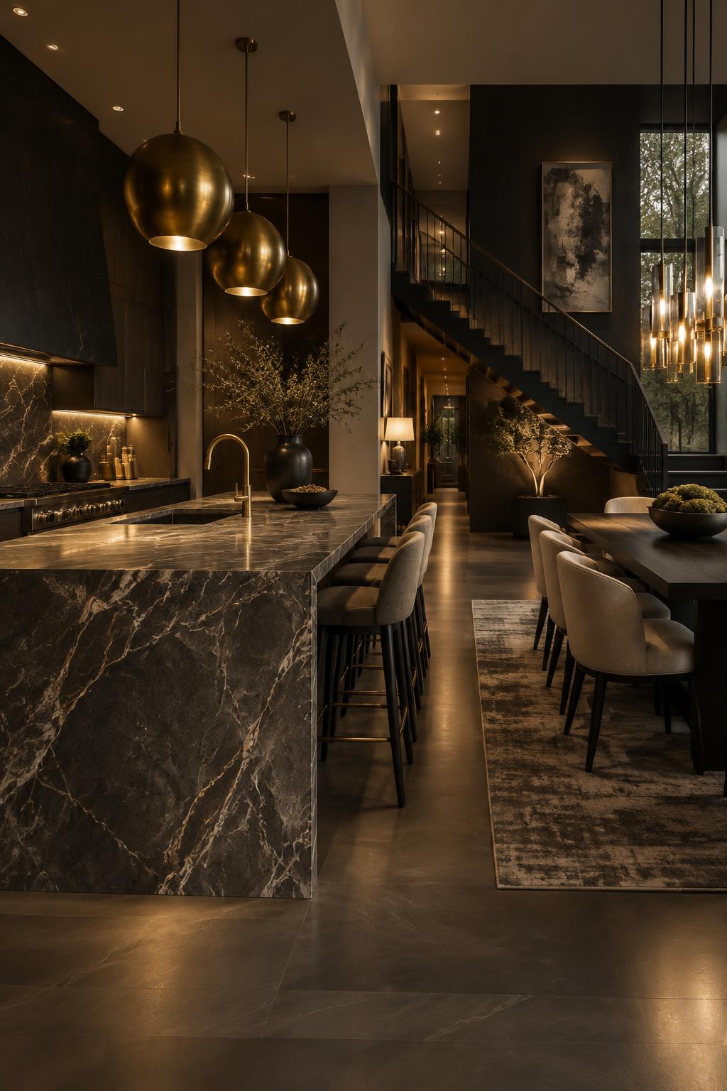 Moody kitchen with marble waterfall island and pendant lighting